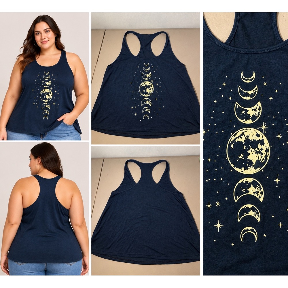 SHEIN Curve Tank Top Women 2XL Navy Blue Boho Celestial Moon Phase Racerback